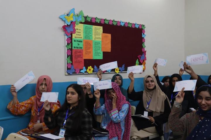 Delegates holding up country placards during a committee session